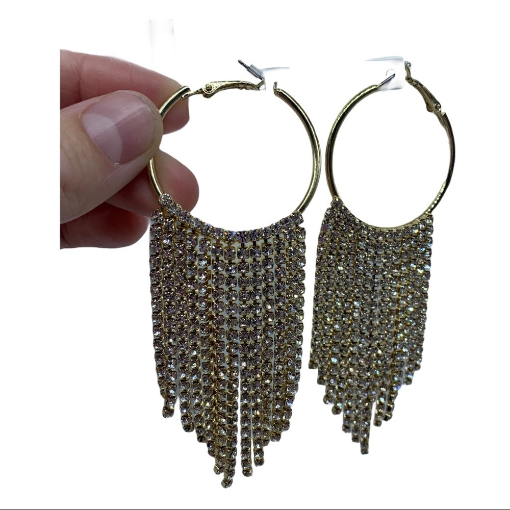 Forever 21 Waterfall Cascade Dangling Crystal Rhinestone Hoop Gold Tone Earrings